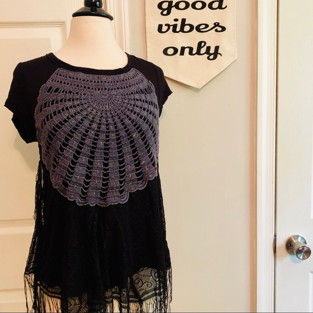 Free People Tee w/ Crochet and Fringe Detail - XS